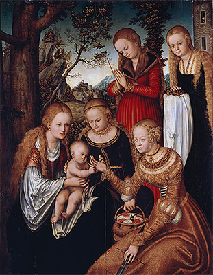 (Marriage of St Catherine) The Virgin and Child with Sts Catherine, Dorothy, Margaret and Barbara, 1516 | Lucas Cranach | Gemälde Reproduktion