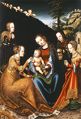 The Mystic Marriage of Saint Catherine of Alexandria with Saints Dorothy, Margaret and Barbara, c.1516/18 | Lucas Cranach | Gemälde Reproduktion