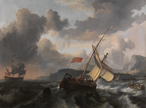 Ein englisches Schiff und ein Kriegsschiff in stürmischer See | Bakhuysen | Gemälde Reproduktion