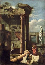 Ancient Building with a Statue and Decorative Figures | Marco Ricci | Painting Reproduction