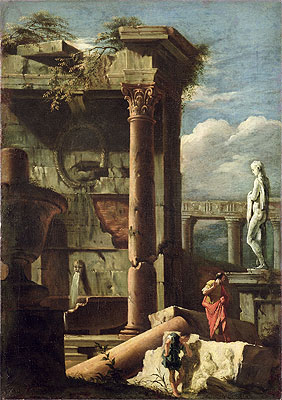 Ancient Building with a Statue and Decorative Figures, c.1720/25 | Marco Ricci | Painting Reproduction