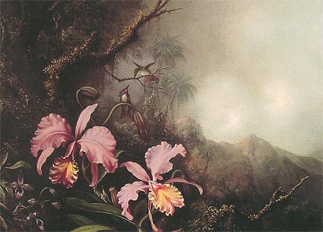 Two Orchids in a Mountain Landscape, c.1870 | Martin Johnson Heade | Painting Reproduction