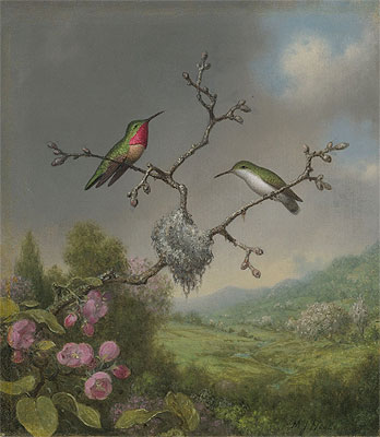 Hummingbirds and Apple Blossoms, c.1865 | Martin Johnson Heade | Painting Reproduction