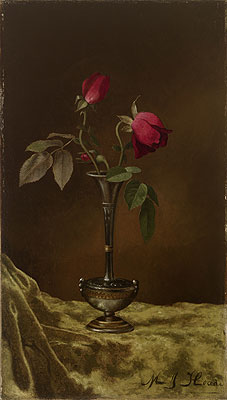 Drei rote Rosen in einer Vase auf Metall Gold Samt, c.1883/00 | Martin Johnson Heade | Gemälde Reproduktion