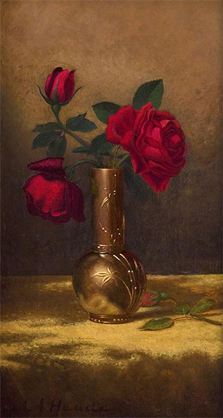 Red Roses in a Japanese Vase on a Gold Velvet Cloth, c.1885/90 | Martin Johnson Heade | Painting Reproduction