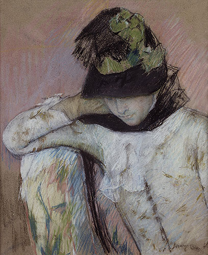 Young Woman in a Black and Green Bonnet, Looking Down, c.1890 | Cassatt | Painting Reproduction