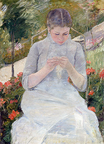 Young Girl Sewing in a Garden, c.1980/82 | Cassatt | Painting Reproduction