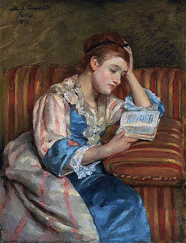Mrs. Duffee Seated on a Striped Sofa, Reading, 1876 | Cassatt | Painting Reproduction