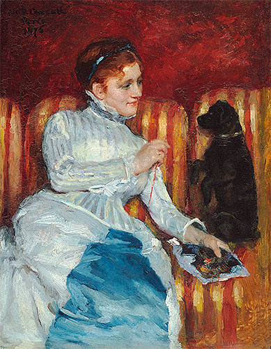 Woman on a Striped Sofa with a Dog, 1876 | Cassatt | Painting Reproduction
