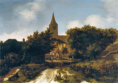 Wooded Landscape with Figures near a Church, c.1660 | Meindert Hobbema | Painting Reproduction