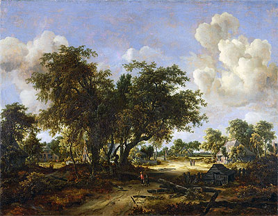 Wooded Landscape with Cottages, 1665 | Meindert Hobbema | Gemälde Reproduktion