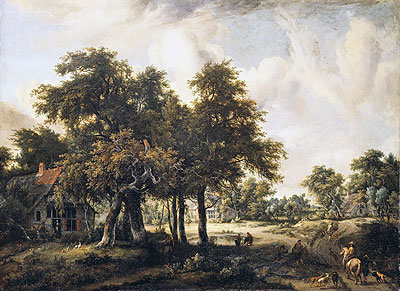 Wooded Landscape with Cottages, c.1665 | Meindert Hobbema | Gemälde Reproduktion