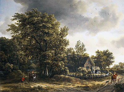 Wooded Landscape with a Village, c.1665 | Meindert Hobbema | Gemälde Reproduktion