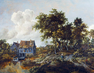 A Watermill Beside a Woody Lane, c.1665/68 by Meindert Hobbema | Painting Reproduction