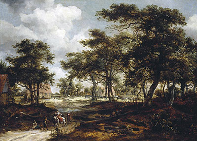Wooded Landscape with Travellers and Beggars on a Road, 1668 | Meindert Hobbema | Painting Reproduction