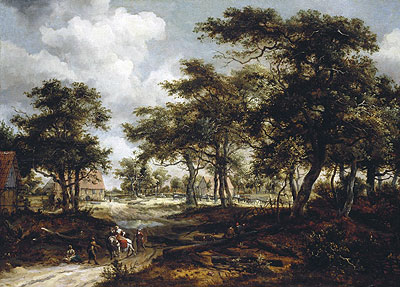 Wooded Landscape with Travellers and Beggars on a Road, 1668 by Meindert Hobbema | Painting Reproduction