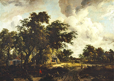 Village with Water Mill among Trees, c.1665 by Meindert Hobbema | Painting Reproduction