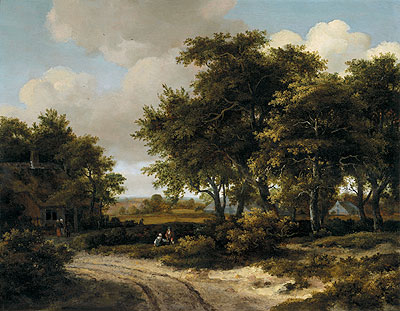 A Wooded Landscape with a Roadside Cottage, c.1663/68 | Meindert Hobbema | Gemälde Reproduktion
