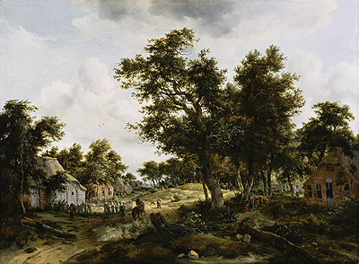 A Wooded Landscape with Travelers on a Path Through a Hamlet, c.1665 | Meindert Hobbema | Painting Reproduction