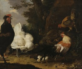Chickens in a Wooded Landscape | Melchior d'Hondecoeter | Painting Reproduction