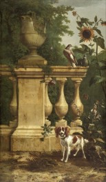 Pigeons and a Dog in a Garden | Melchior d'Hondecoeter | Painting Reproduction