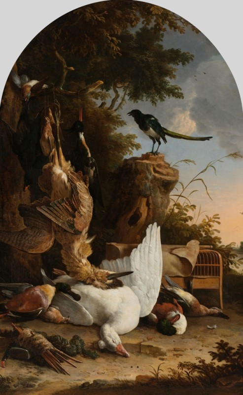 A Hunter's Bag Near a Tree Stump with a Magpie (The Contemplative Magpie), 1678 | Melchior d'Hondecoeter