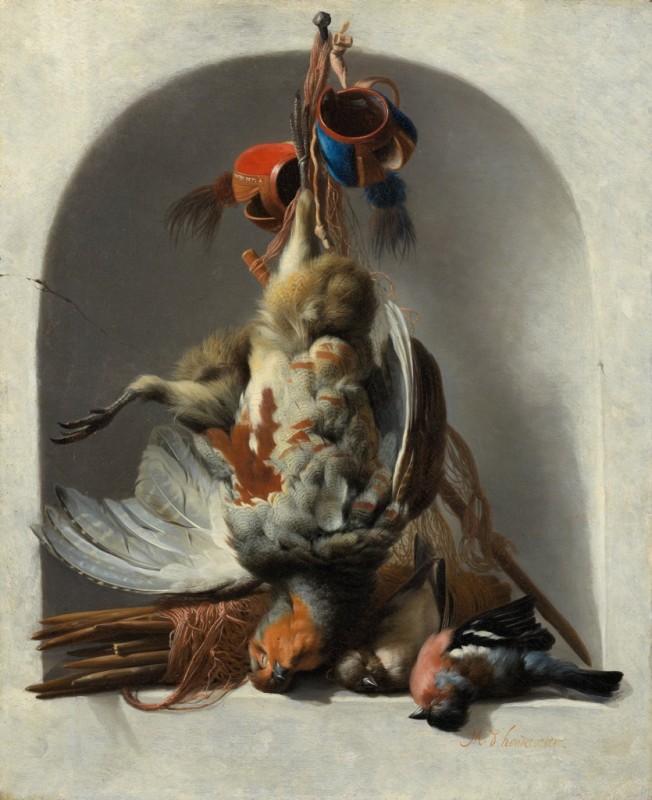 Still Life with Birds and Hunting Gear in a Niche, 1663 | Melchior d'Hondecoeter