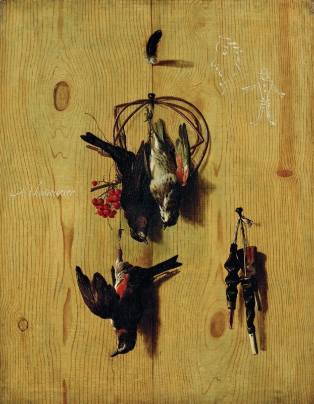 Trompe-l'oeil mit Rotkehlchen und einem Wacholderdrossel, c.1660/70 | Melchior d'Hondecoeter