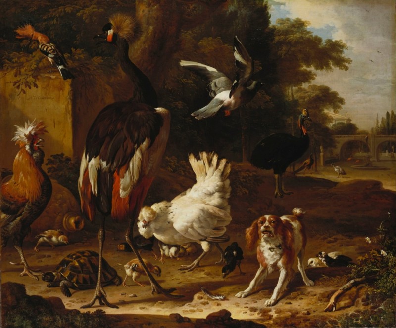 Vögel und ein Spaniel in einem Garten, c.1660/95 | Melchior d'Hondecoeter