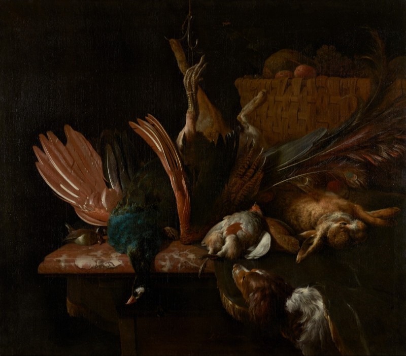 Melchior d'Hondecoeter | Stillleben mit Pfau, Kaninchen und Spaniel, c.1665/69 Stillleben mit Pfau, Kaninchen und Spaniel, c.1665/69 | Melchior d'Hondecoeter