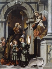 St. Nicholas of Bari Presents Galeazzo Rovellio's Students to the Enthroned Virgin and Child (Rovellio Altarpiece) | Moretto da Brescia | Painting Reproduction