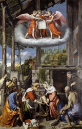 Nativity with Shepherds, St. Jerome and a Donor | Moretto da Brescia | Painting Reproduction