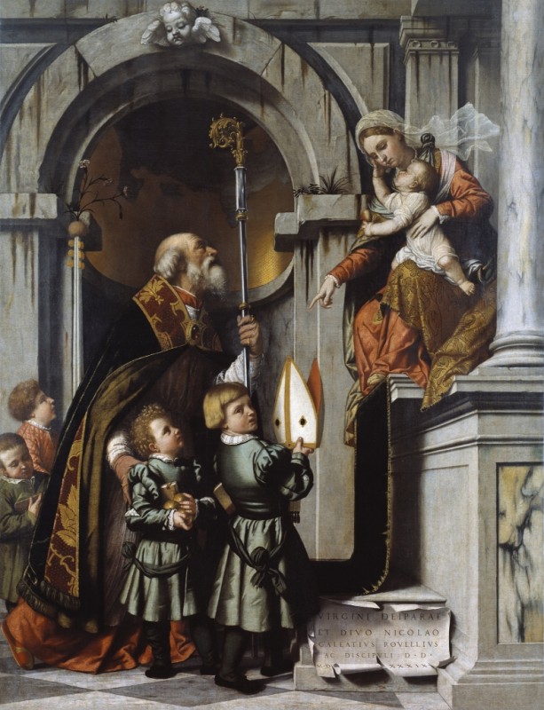 Moretto da Brescia | St. Nicholas of Bari Presents Galeazzo Rovellio's Students to the Enthroned Virgin and Child (Rovellio Altarpiece), 1539 St. Nicholas of Bari Presents Galeazzo Rovellio's Students to the Enthroned Virgin and Child (Rovellio Altarpiece), 1539 | Moretto da Brescia