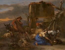 Pastoral Scene with a Shepherdess Milking a Goat, c.1665/70 by Nicolaes Berchem | Painting Reproduction