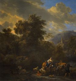 Italienisch anmutende Landschaft mit Figuren und Lasttieren am Ufer eines Flusses | Nicolaes Berchem | Gemälde Reproduktion