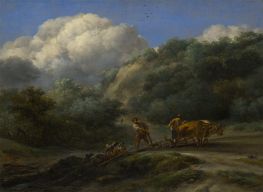 A Man and a Youth ploughing with Oxen, c.1650/55 by Nicolaes Berchem | Painting Reproduction