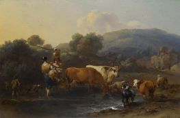 Peasants with Cattle fording a Stream | Nicolaes Berchem | Painting Reproduction