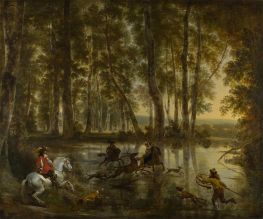 A Stag Hunt in a Forest, c.1660 by Nicolaes Berchem | Painting Reproduction