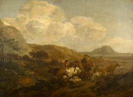 Two Shepherds Driving their Flocks and Herds, c.1652/58 by Nicolaes Berchem | Painting Reproduction