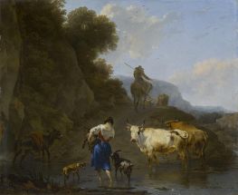 A Shepherdess Carrying a Kid across a Ford, 1658 by Nicolaes Berchem | Painting Reproduction