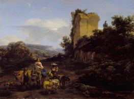 Landscape with Ruins and Travelers, 1654 by Nicolaes Berchem | Painting Reproduction