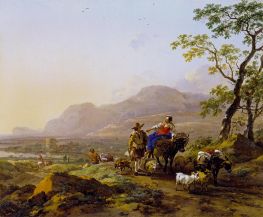 Italian Landscape with Figures, 1654 by Nicolaes Berchem | Painting Reproduction