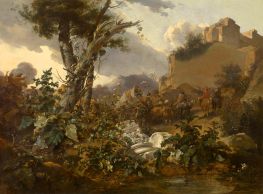 Italian Landscape with a Cavalry Battle, c.1665/70 by Nicolaes Berchem | Painting Reproduction