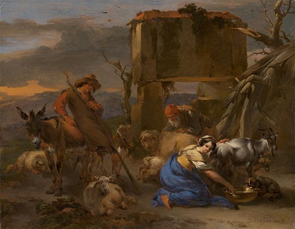 Pastoral Scene with a Shepherdess Milking a Goat, c.1665/70 | Nicolaes Berchem | Painting Reproduction