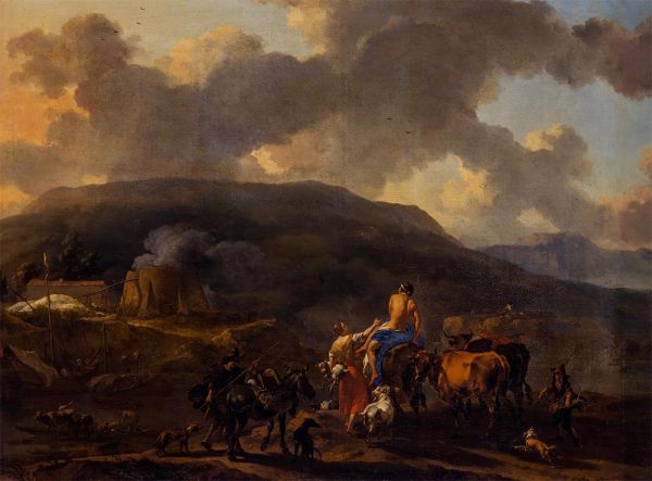 Landschaft mit Herde und Hirten, 1664 | Nicolaes Berchem | Gemälde Reproduktion