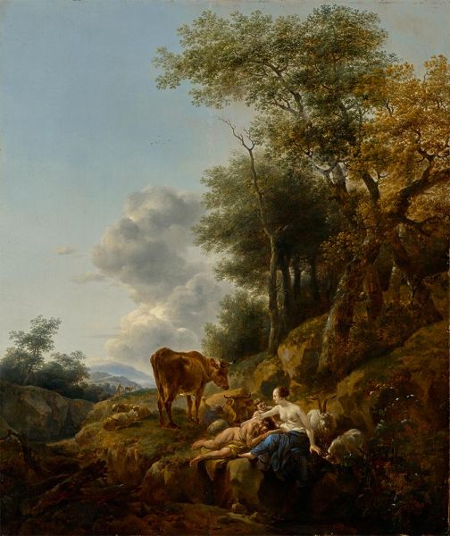 Landschaft mit Nymphe und Satyr, c.1647 | Nicolaes Berchem | Gemälde Reproduktion