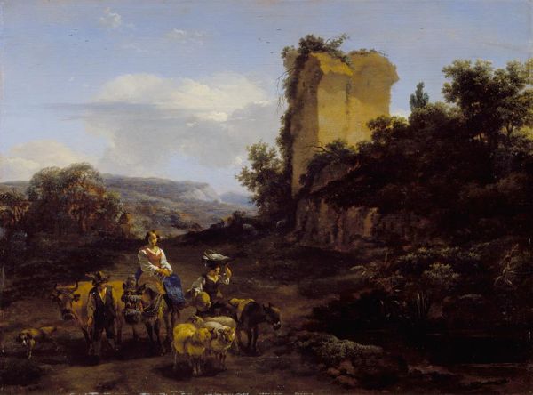 Landschaft mit Ruinen und Reisenden, 1654 | Nicolaes Berchem | Gemälde Reproduktion