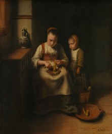 A Woman Scraping Parsnips, with a Child Standing by Her | Nicolaes Maes | Painting Reproduction