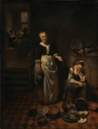 Interior with a Sleeping Maid and Her Mistress (The Idle Servant) | Nicolaes Maes | Painting Reproduction