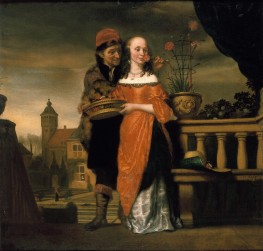 A Man Holding a Carnation to a Woman's Nose: An Allegory of the Sense of Smell | Nicolaes Maes | Painting Reproduction